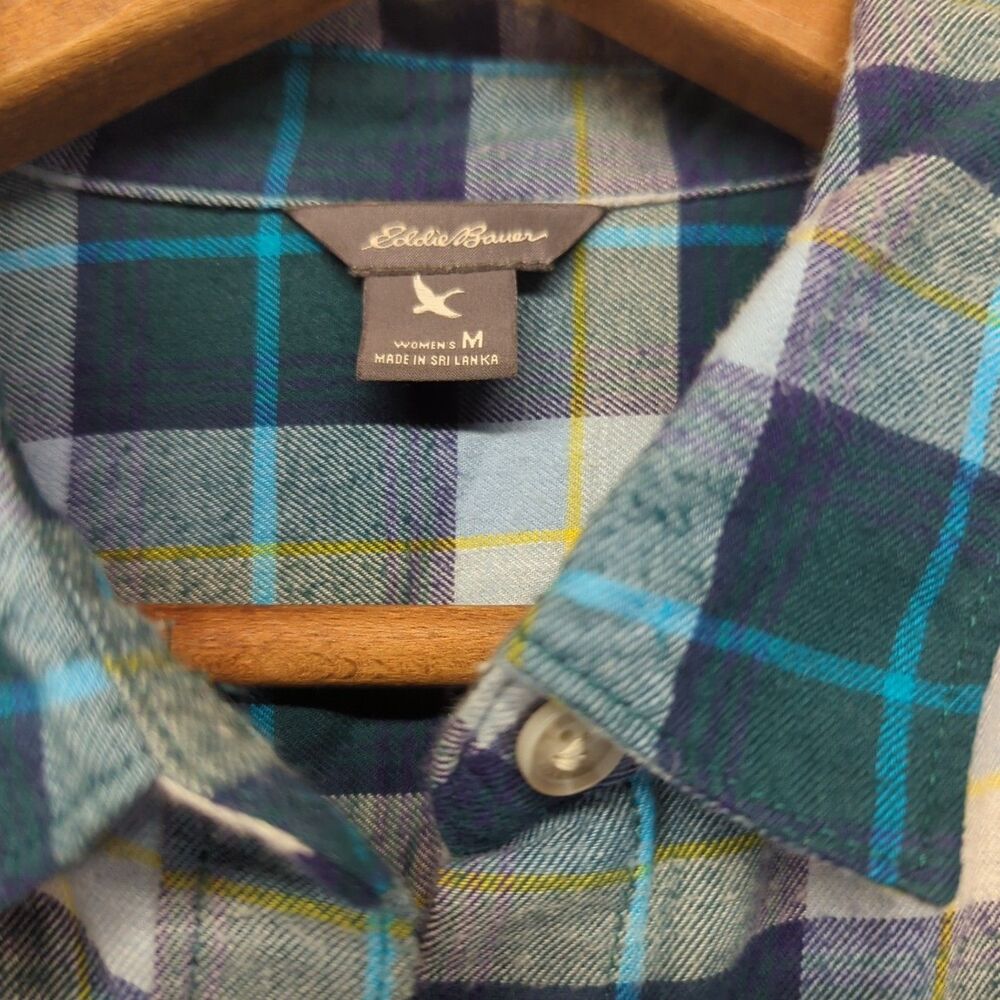Eddie Bauer Womens Medium Plaid Flannel Green Blue Yellow M Cotton Outdoor Hike - Picture 5 of 8